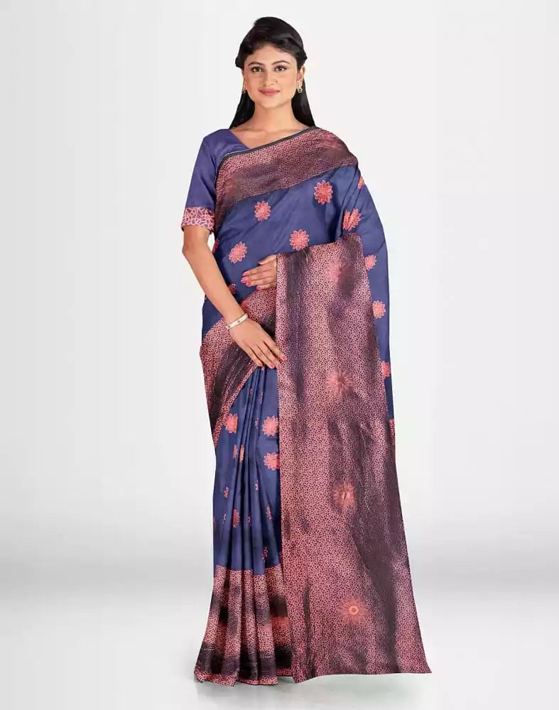 Navy Blue Floral Butta Banaras Fancy Saree