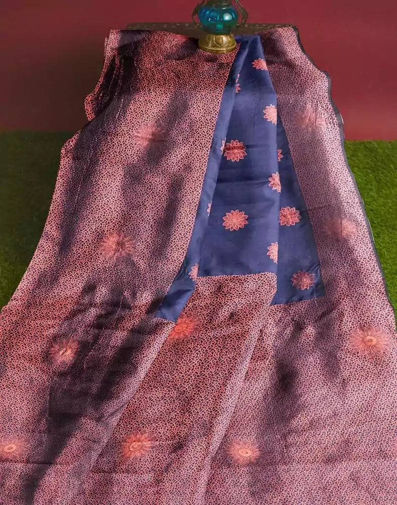 Navy Blue Floral Butta Banaras Fancy Saree