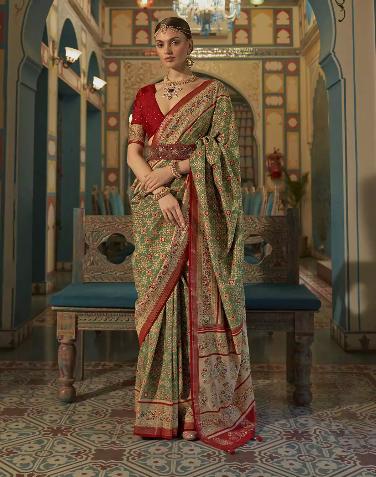 Green and Maroon Ikat Print Patola Saree