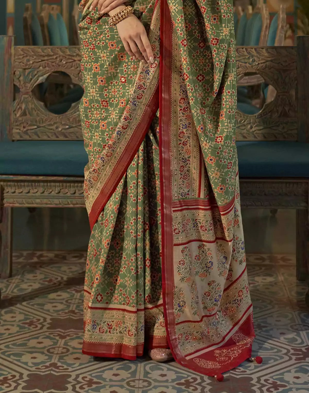 Green and Maroon Ikat Print Patola Saree