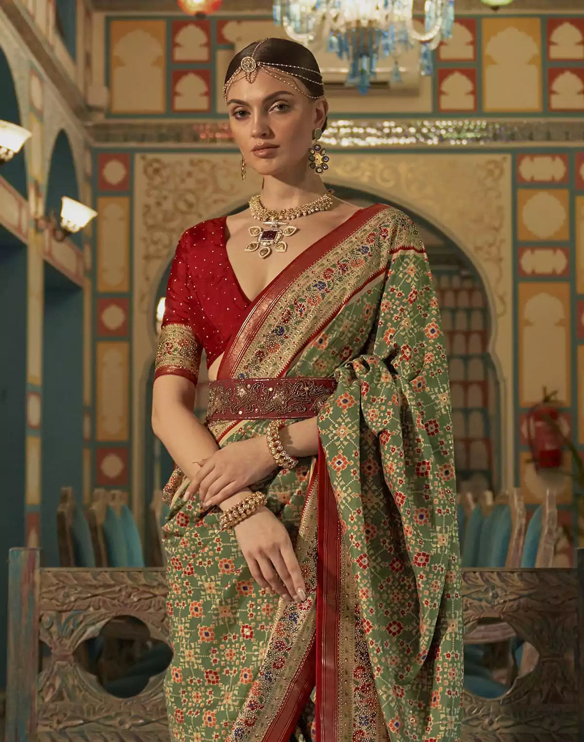Green and Maroon Ikat Print Patola Saree