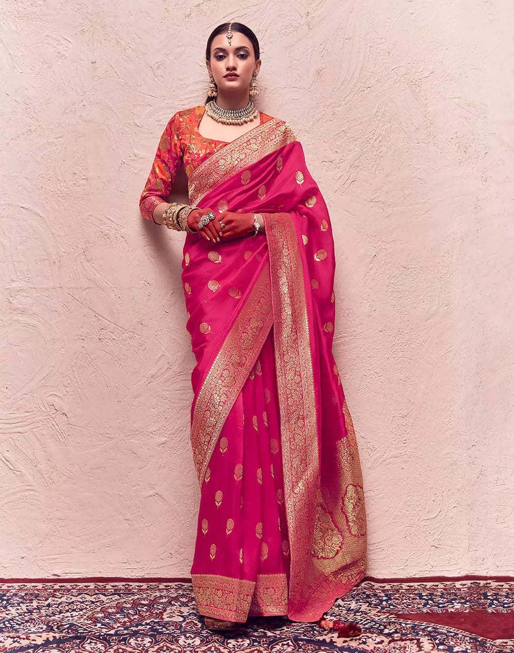 Rani Pink Banarasi Pure Crepe Dola Silk Designer Saree