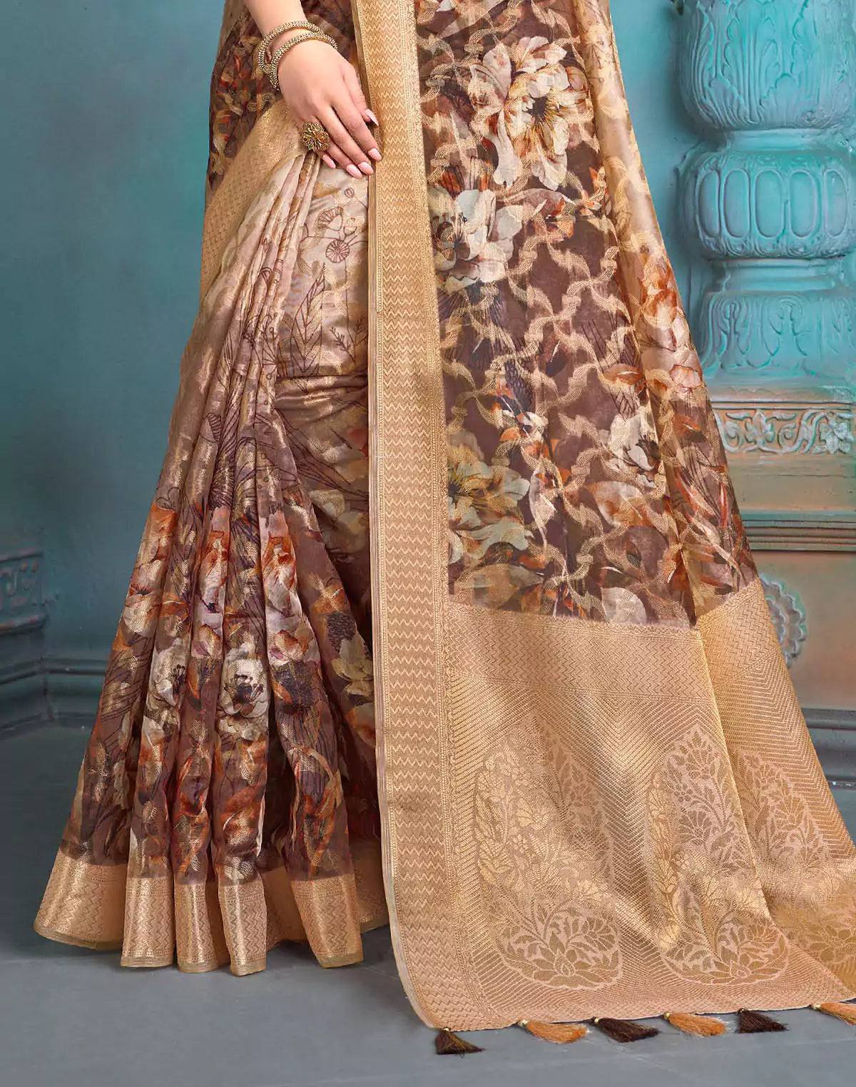 Brown and Gold Tissue Floral Print Saree