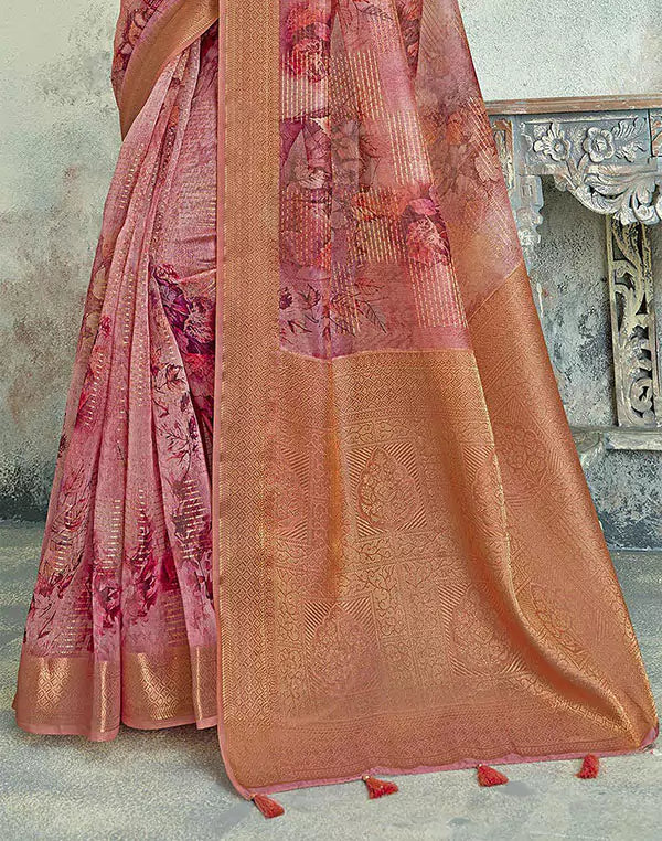 Pink Floral Digital Print Tissue Party Wear Saree