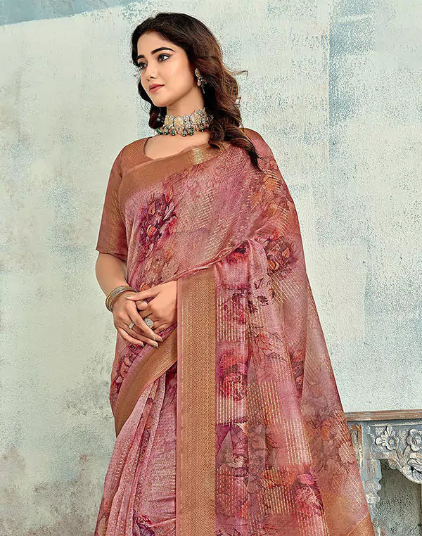 Pink Floral Digital Print Tissue Party Wear Saree