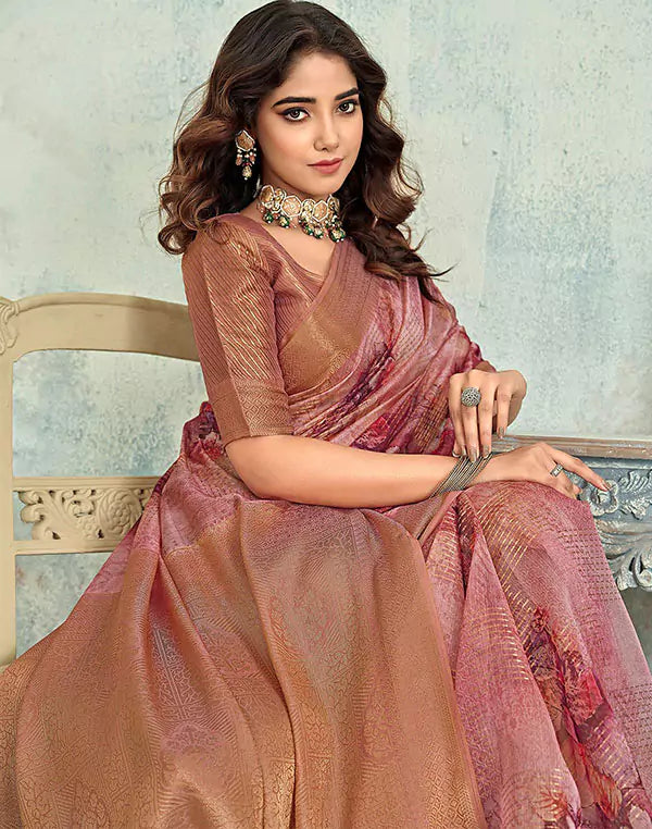 Pink Floral Digital Print Tissue Party Wear Saree