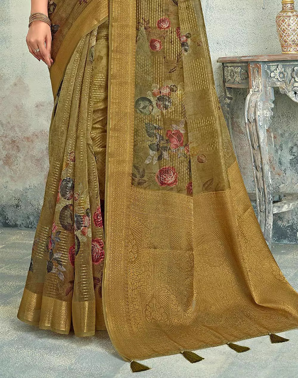 Brown Digital Print Tissue Fabric Self Blouse Saree