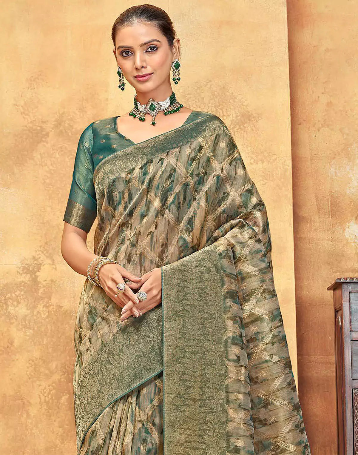 Green All Over Woven Design Organza Saree