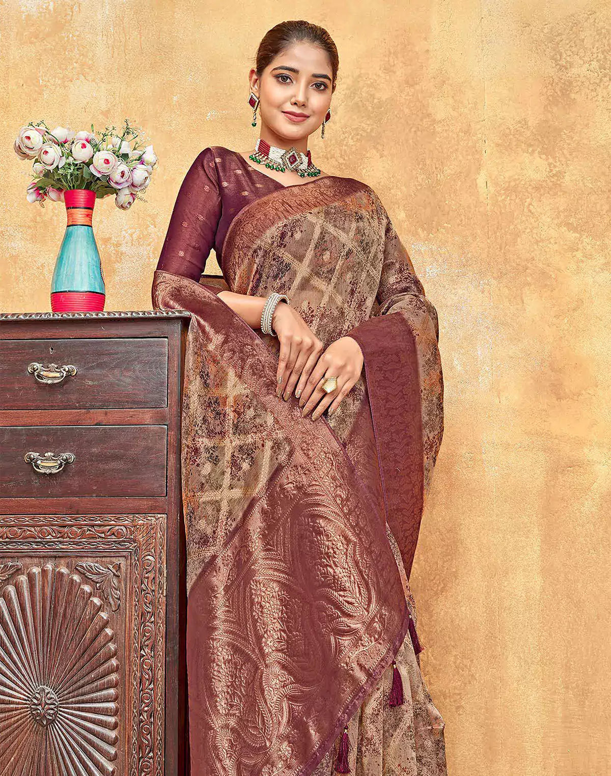 Grey Butta Pattern Organza Self Saree