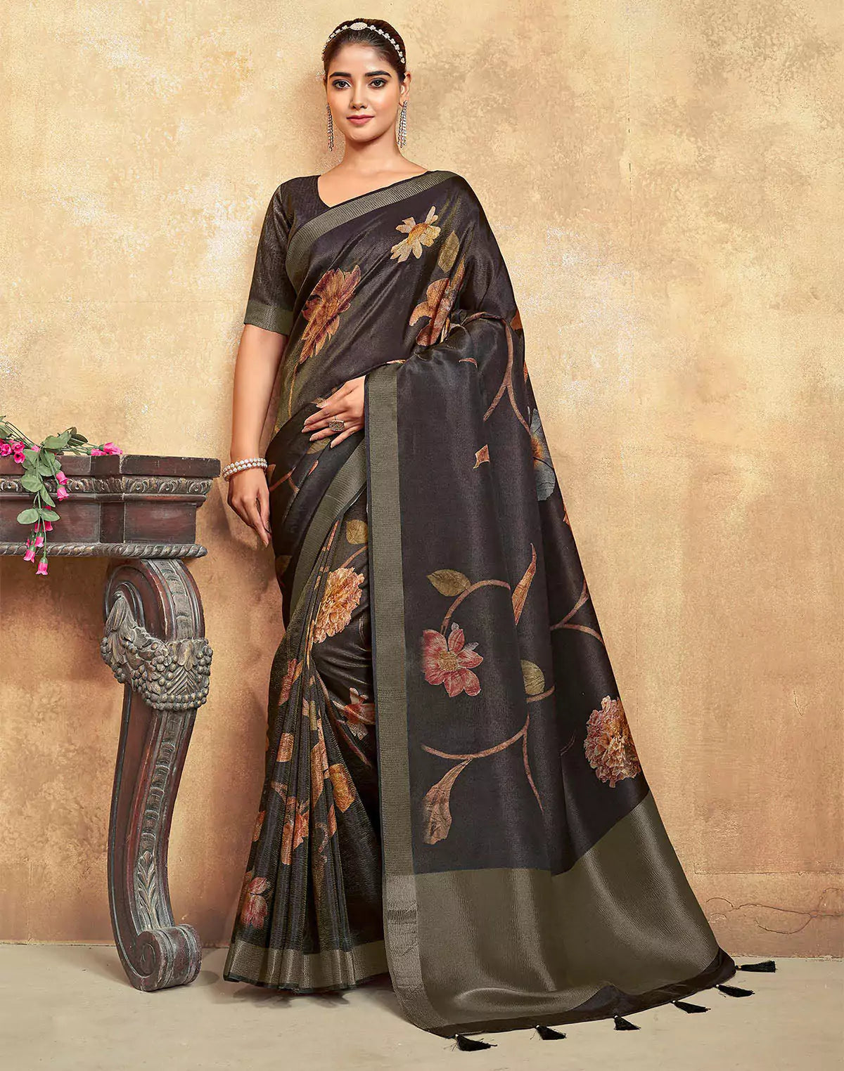 Black Floral Print Dola Silk Saree With Tussels