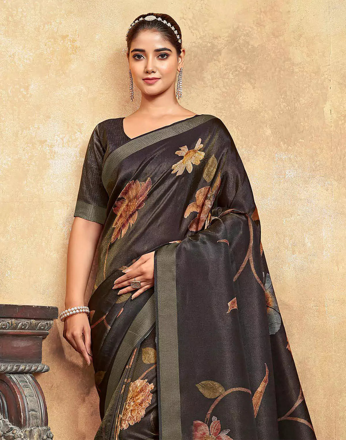 Black Floral Print Dola Silk Saree With Tussels