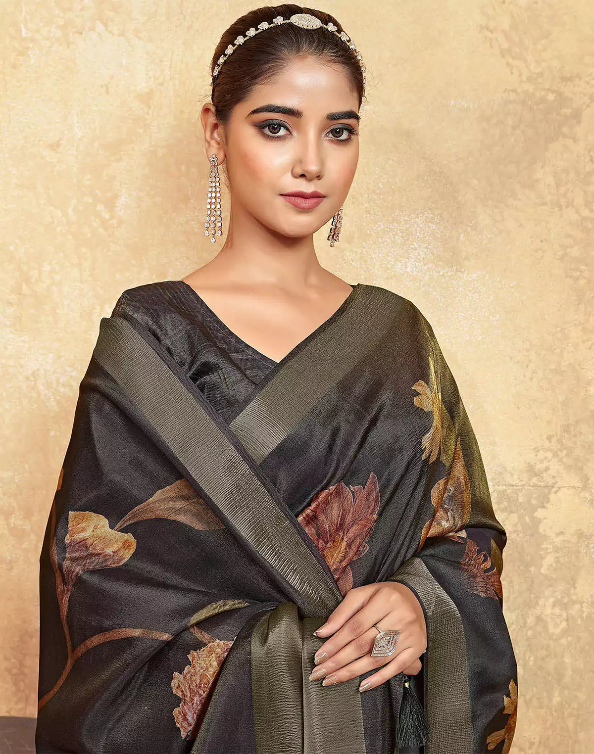 Black Floral Print Dola Silk Saree With Tussels
