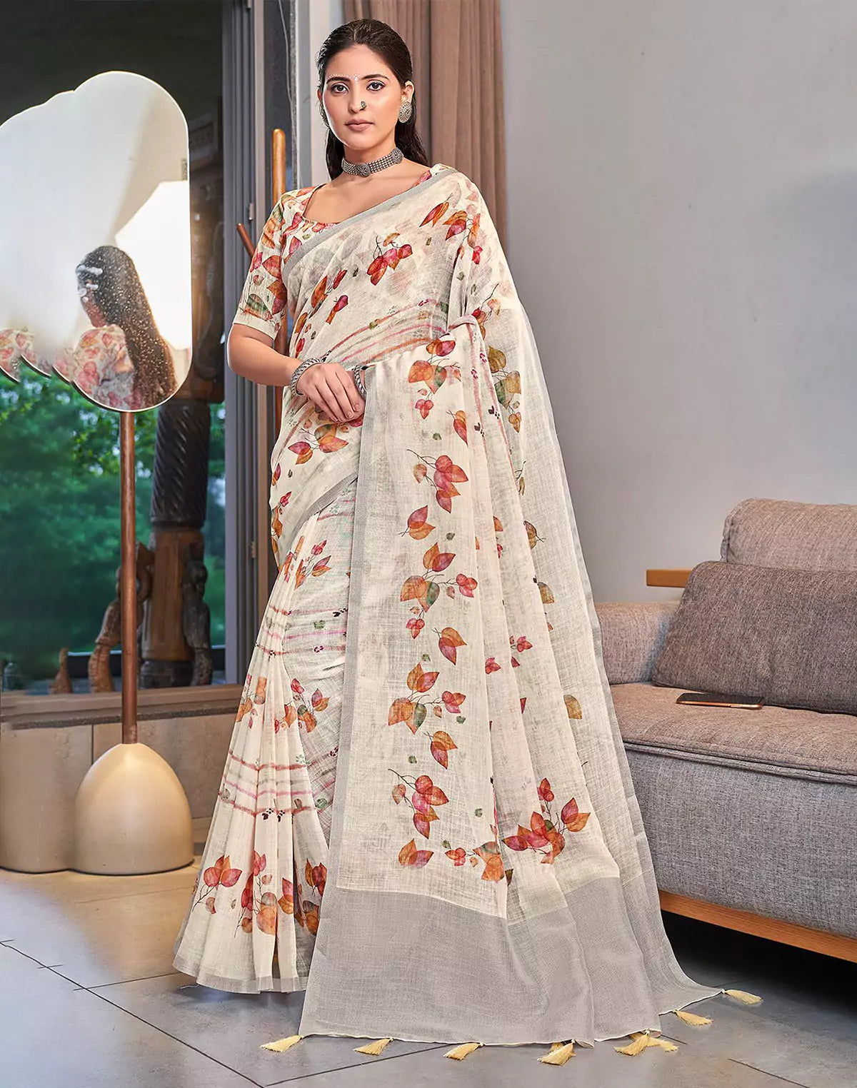 Cream Digital Print Linen Cotton Party Wear Saree