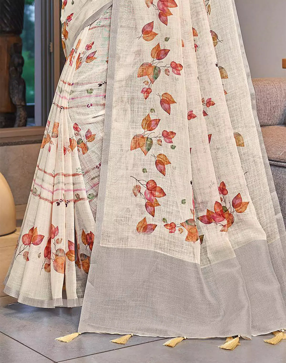 Cream Digital Print Linen Cotton Party Wear Saree