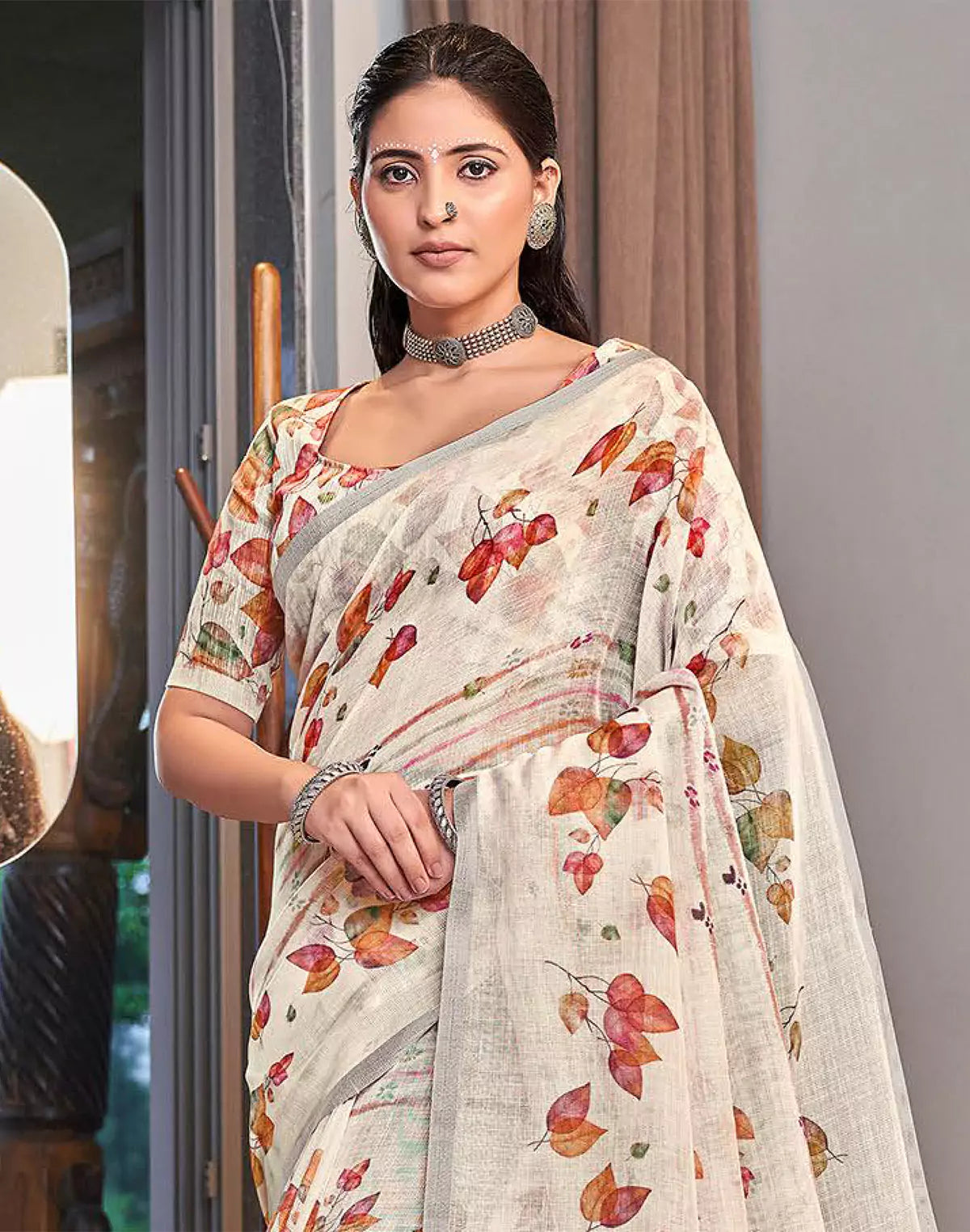 Cream Digital Print Linen Cotton Party Wear Saree
