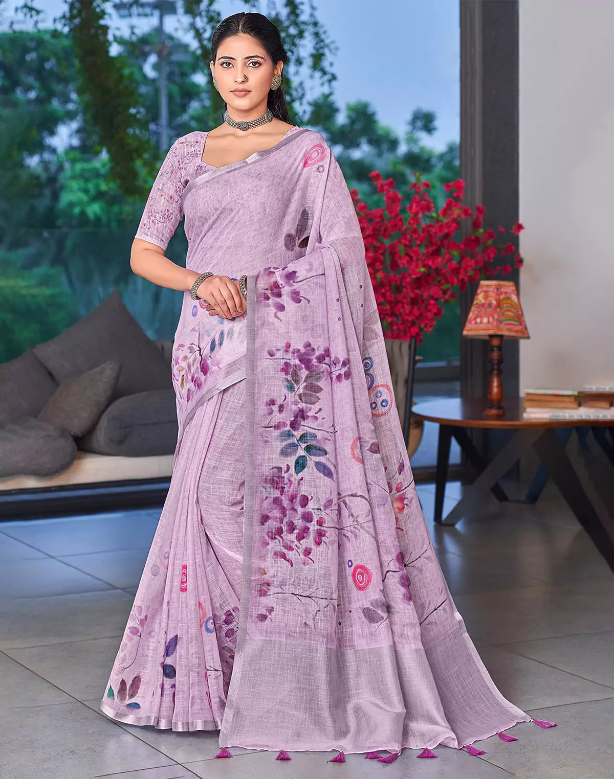 Light Purple Floral Digital Print Linen Cotton Saree