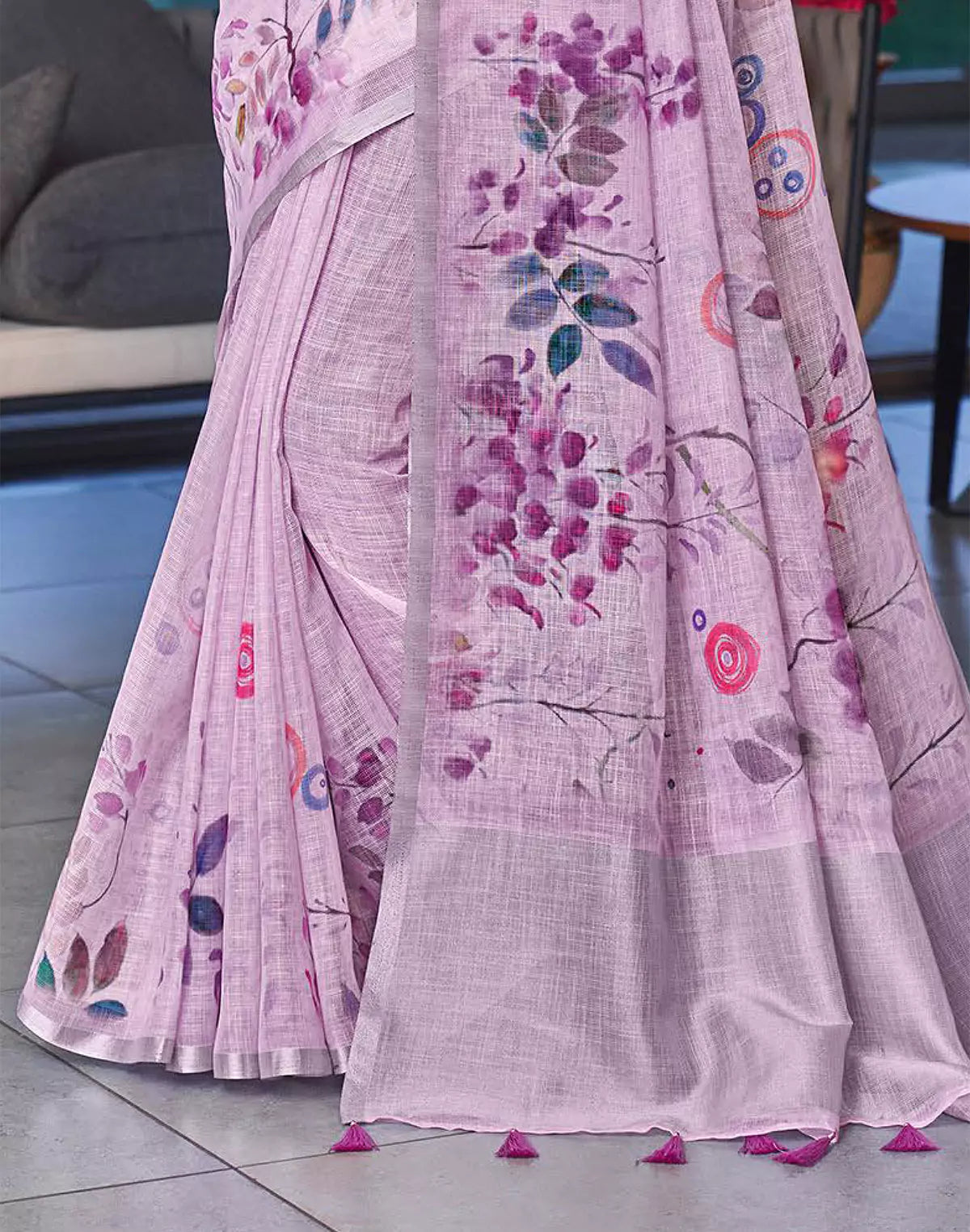 Light Purple Floral Digital Print Linen Cotton Saree