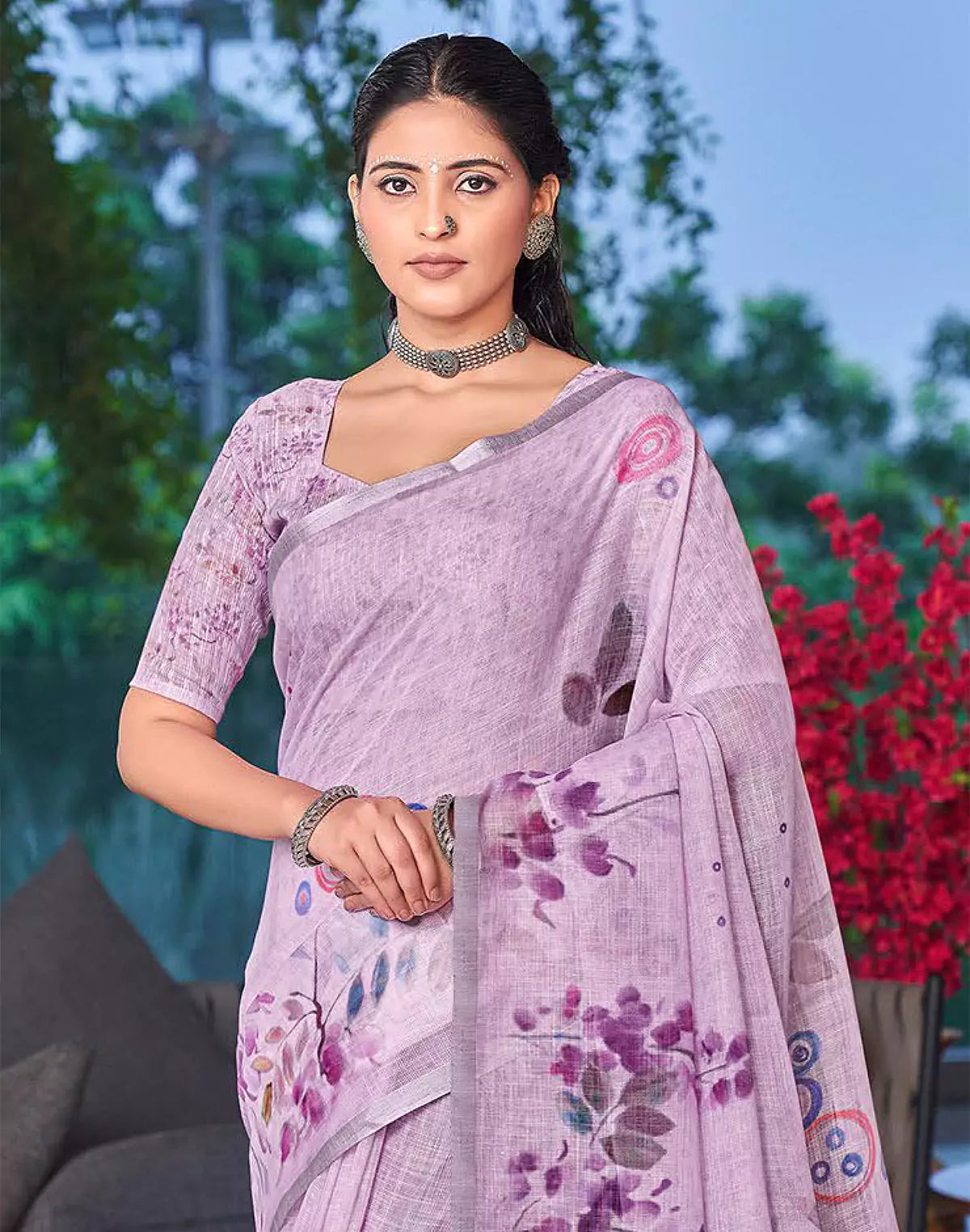 Light Purple Floral Digital Print Linen Cotton Saree