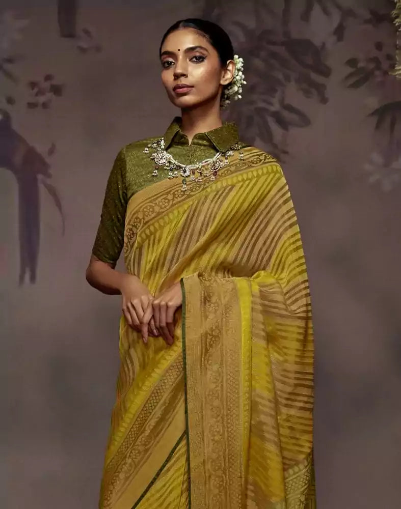 Light Green Stripes Pattern Soft Brasso Saree