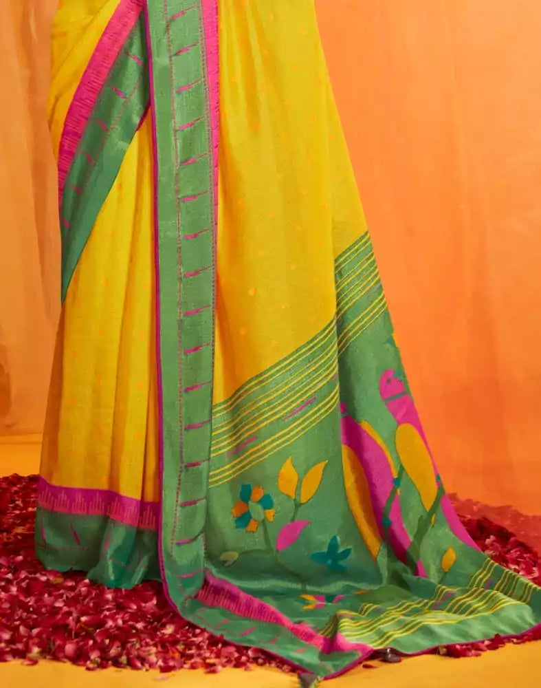 Lemon Yellow Mica Print Chiffon Saree