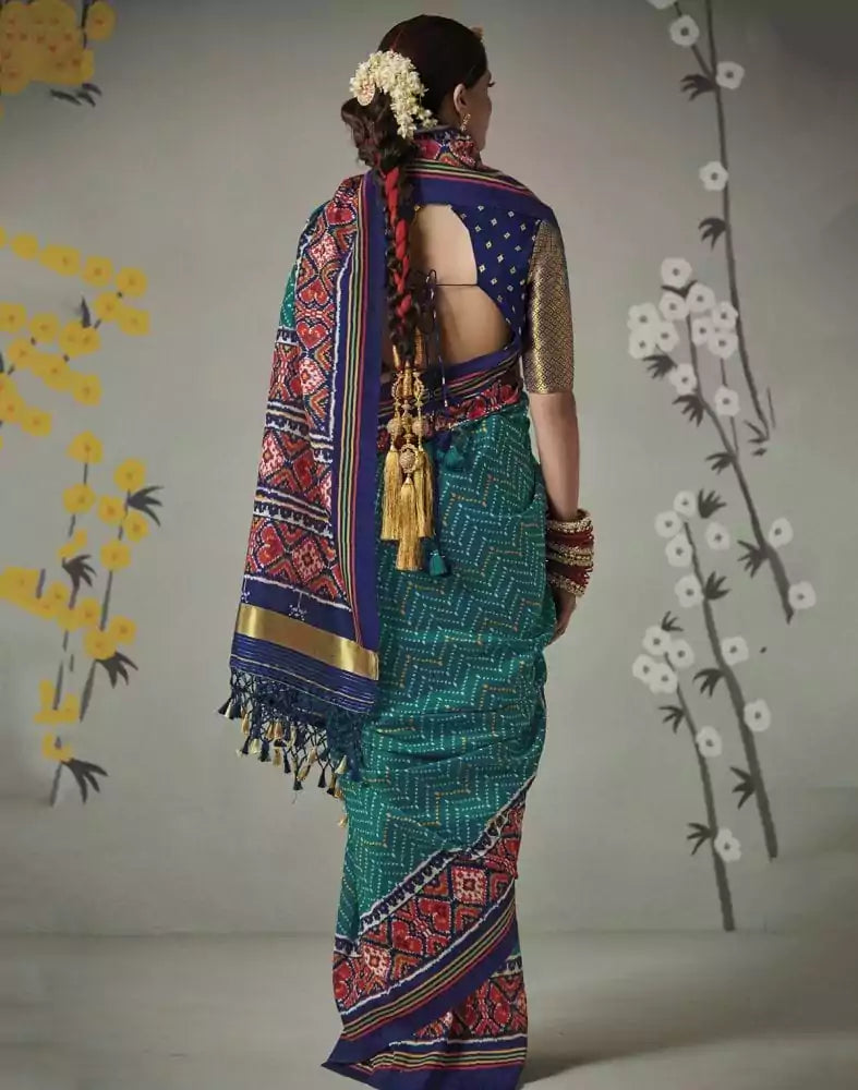 Teal Blue Ikat Print Patan Patola Saree
