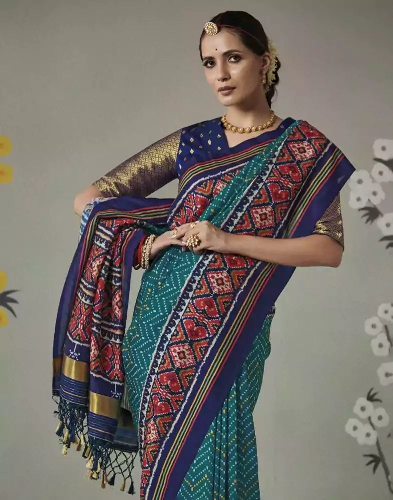 Teal Blue Ikat Print Patan Patola Saree