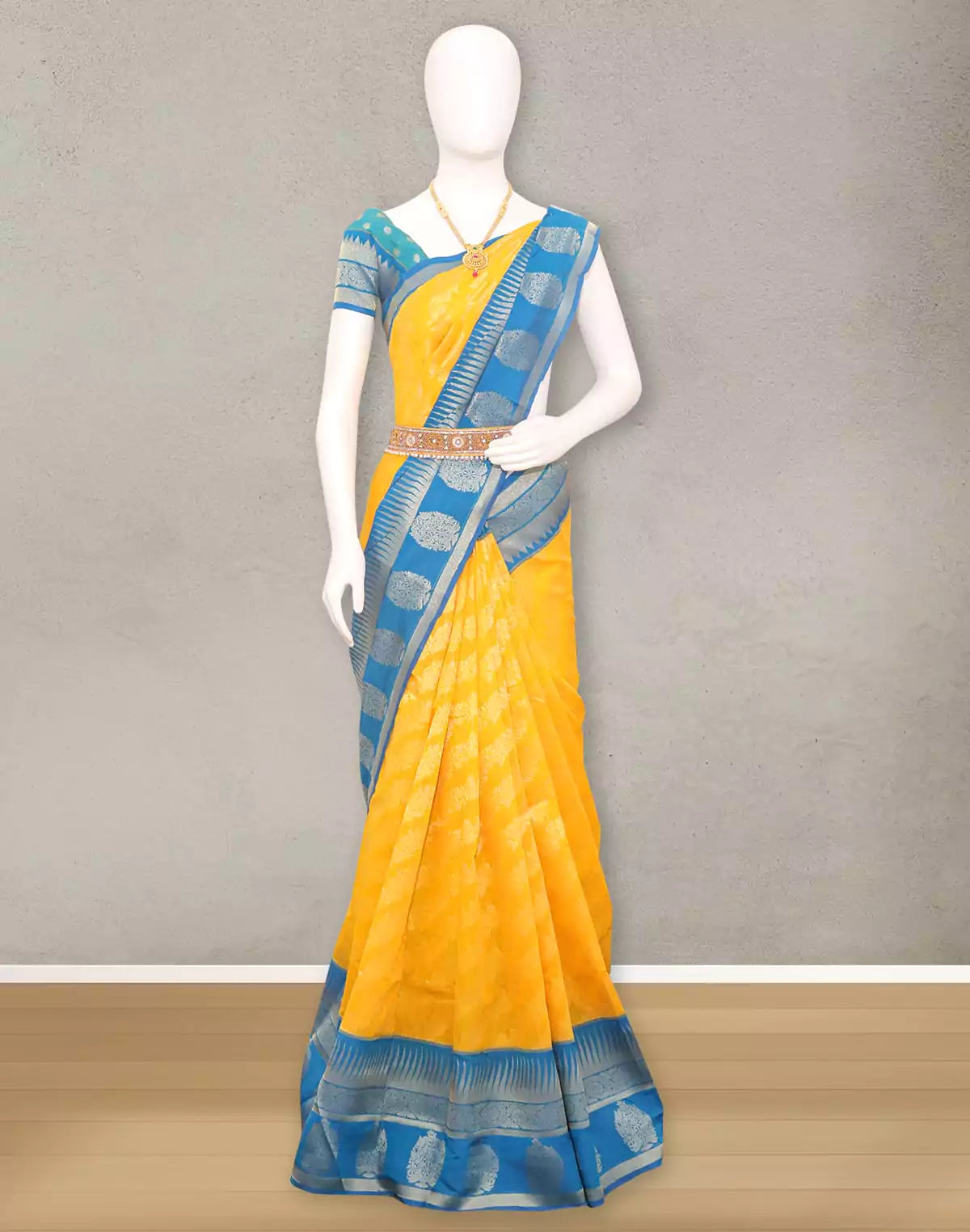 Yellow coloured Floral bunches Sico Cotton Silk Saree