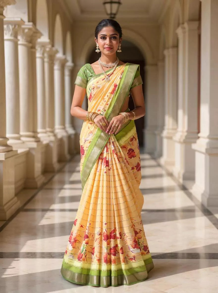 Light Orange Mangalagiri Dola Silk Floral Print Contrast Woven Border Saree