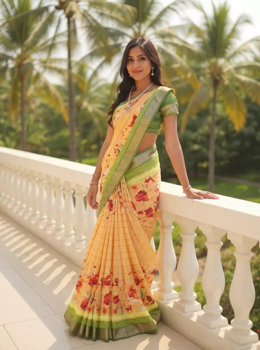 Light Orange Mangalagiri Dola Silk Floral Print Contrast Woven Border Saree