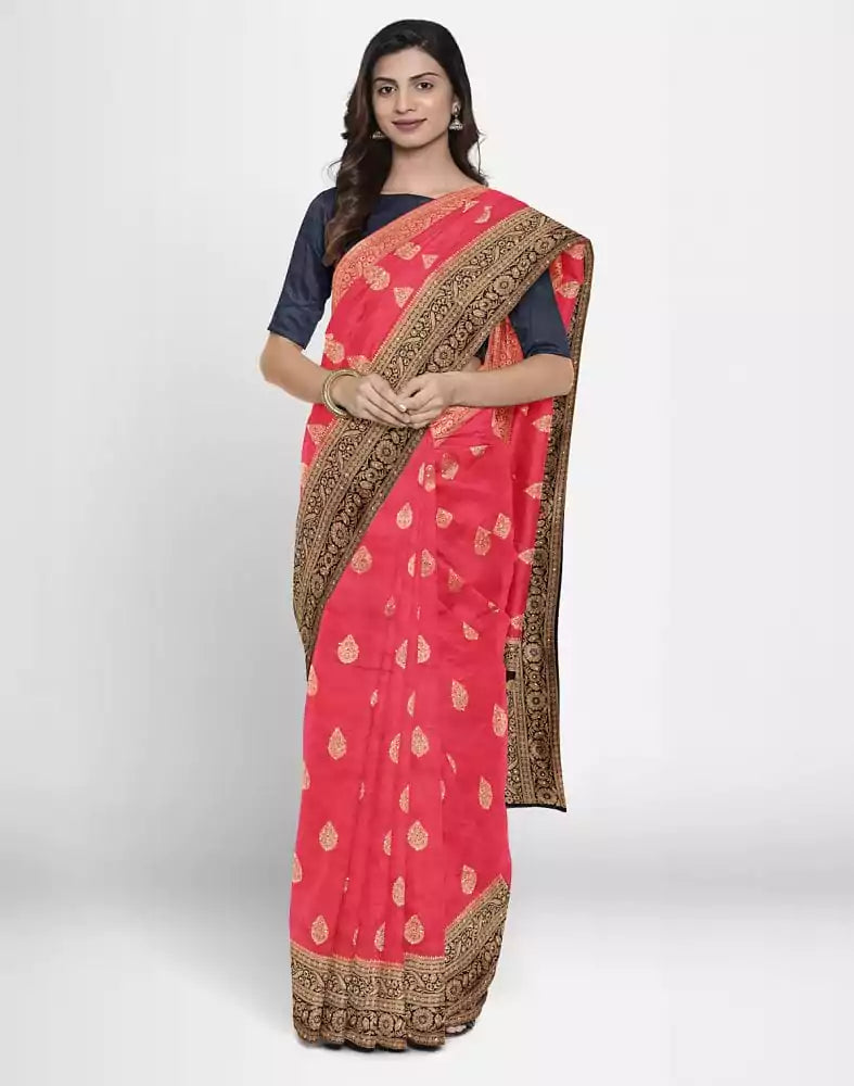Red Floral Stones work Banaras Fancy Saree