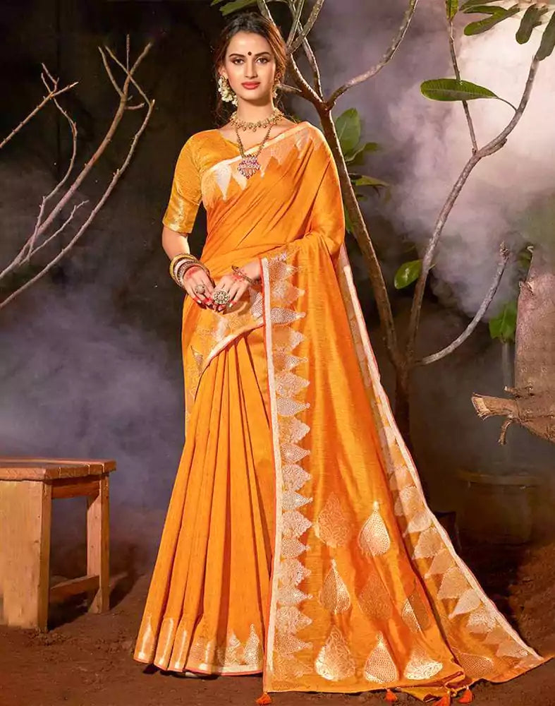 Mustard Plain Zari Cotton Silk Saree