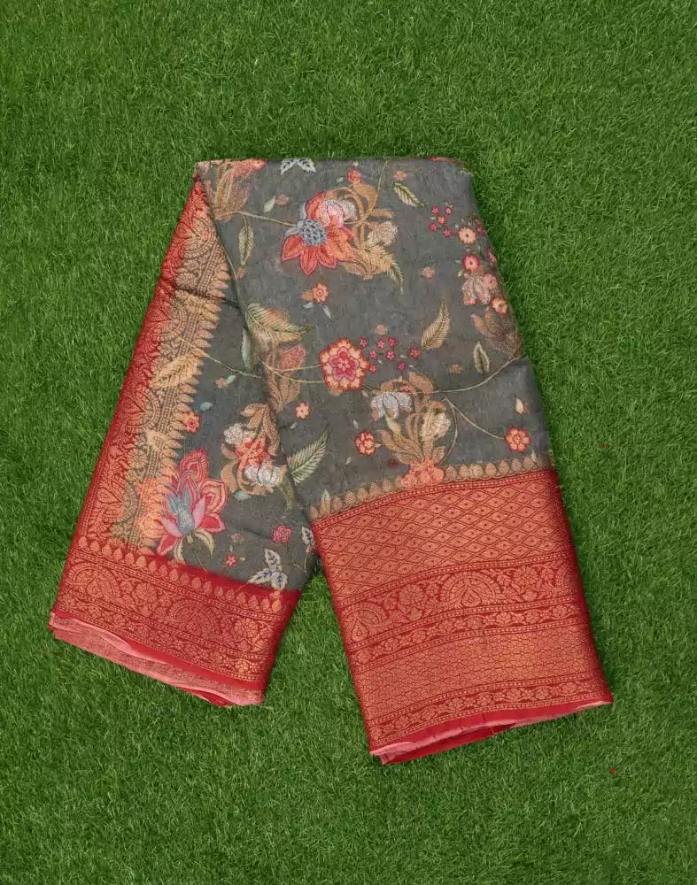 Grey Floral Printed Bagalpuri Saree