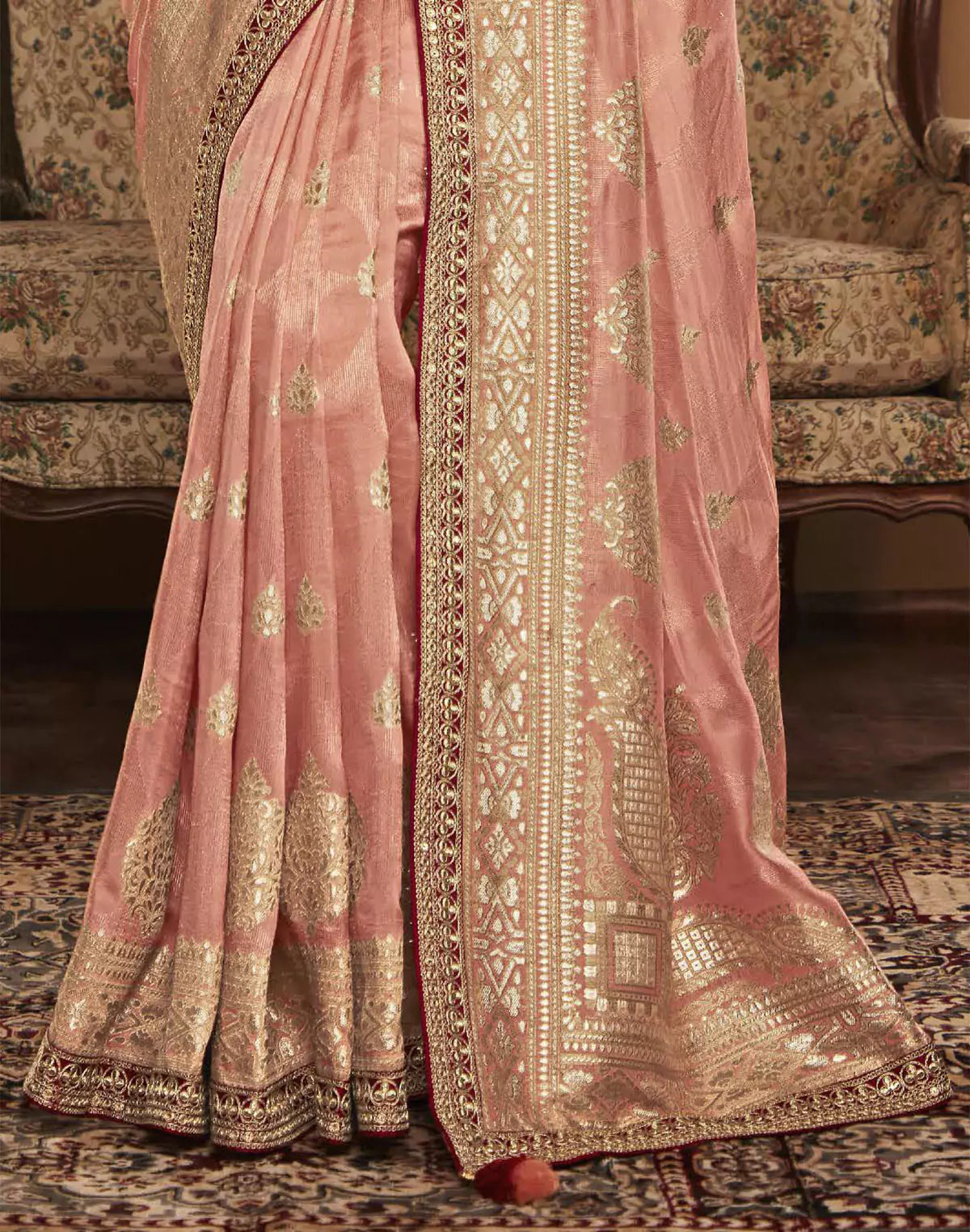 Peach Floral Design Dola Silk Saree With Work Blouse