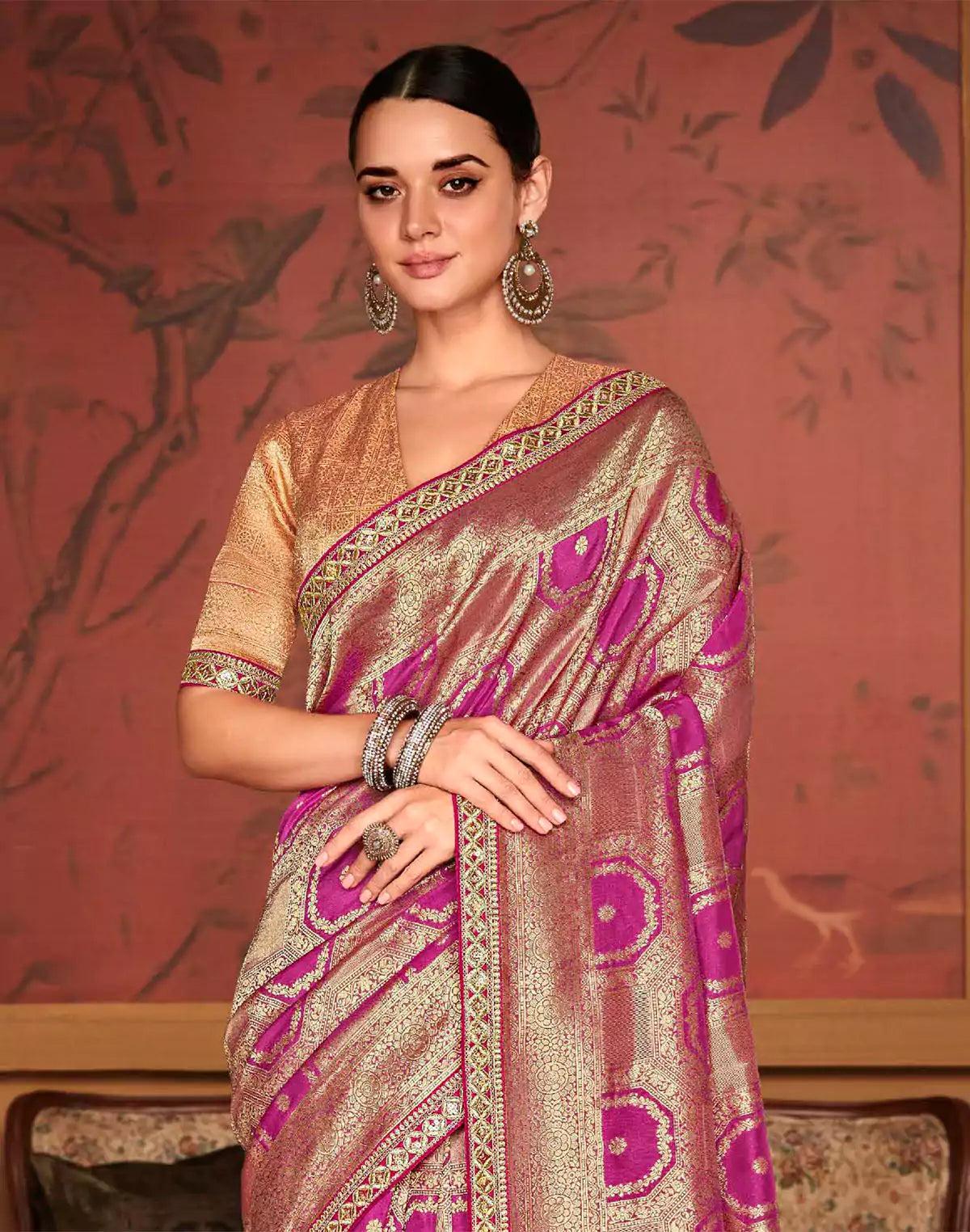 Golden Pink Floral Soft Dola Silk Designer Saree