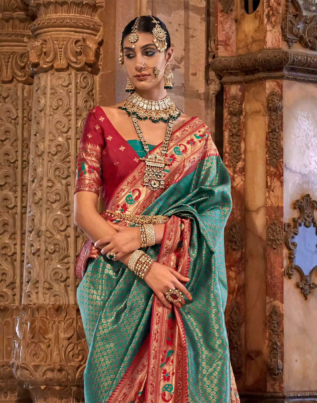 Turquoise Banaras Silk Brocade weaving Saree