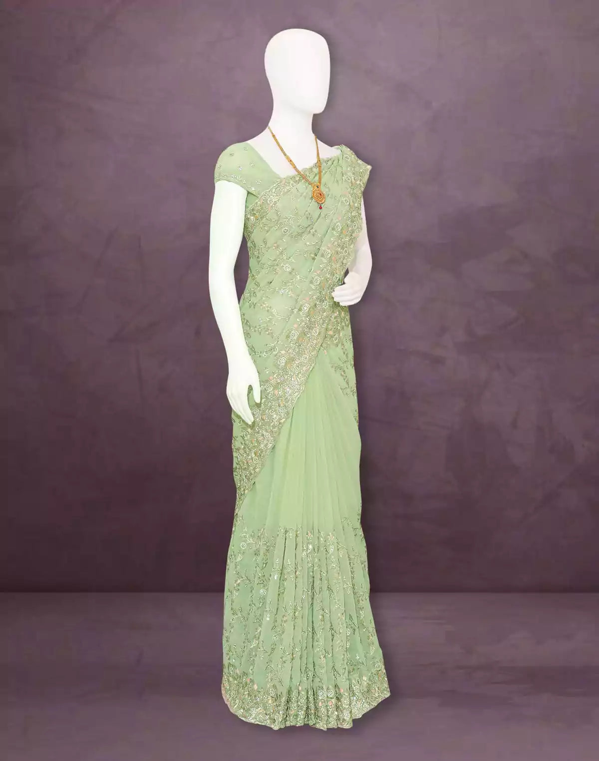 Pista Green Floral Georgette Stones work Saree