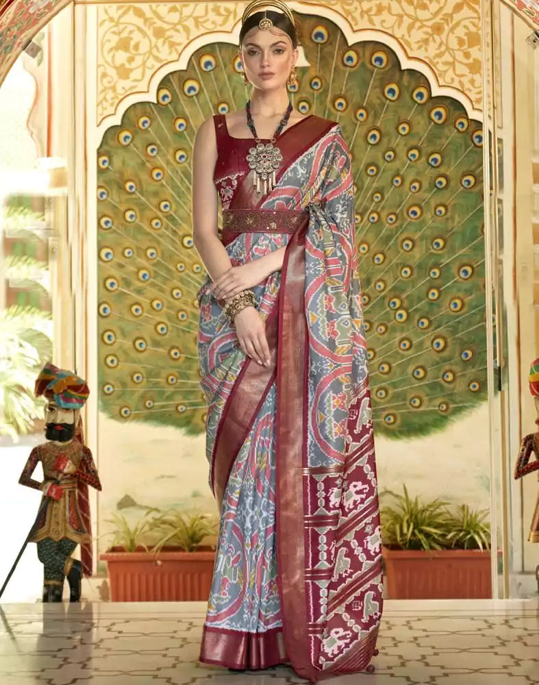 Grey Ikat Smooth Patola Silk Saree