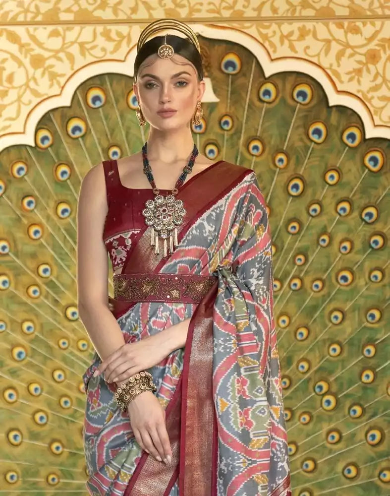 Grey Ikat Smooth Patola Silk Saree