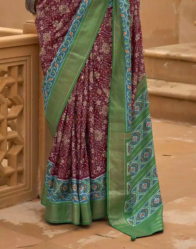 Maroon Color Ikat Print Patola Fabric Saree