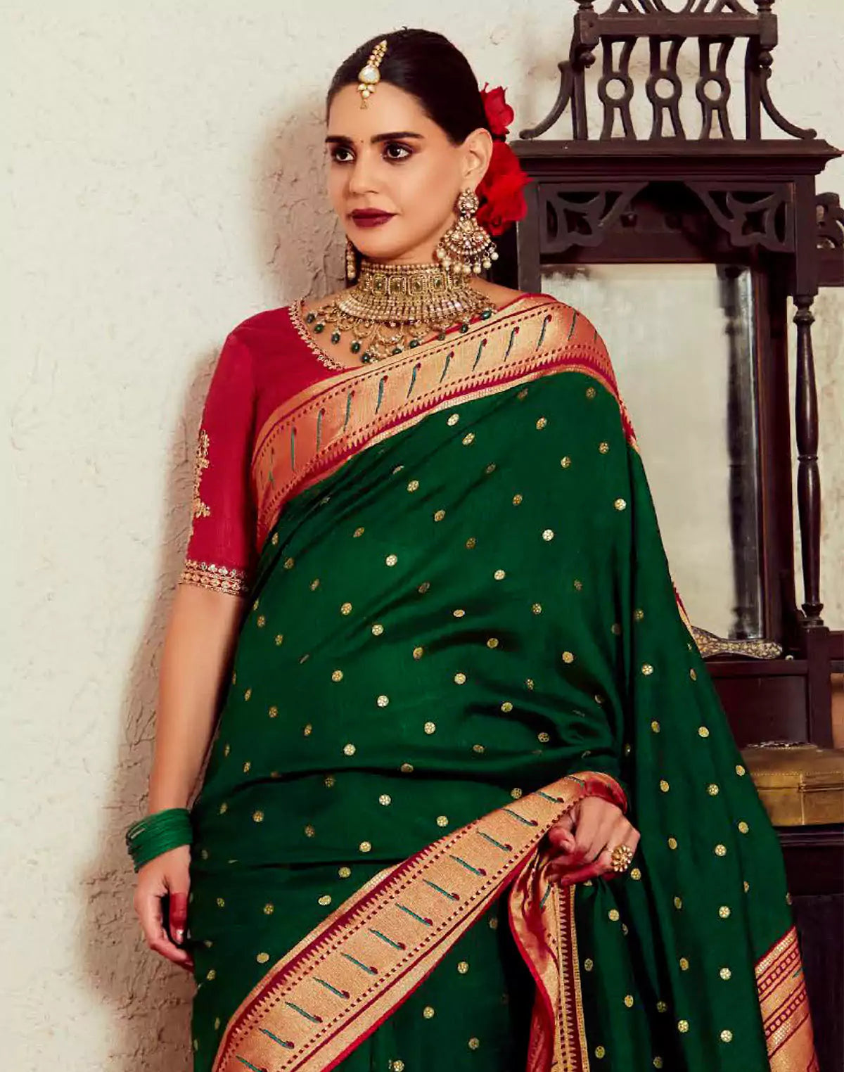 Dark Green Brasso Silk Paithani Saree With Embroidered Blouse