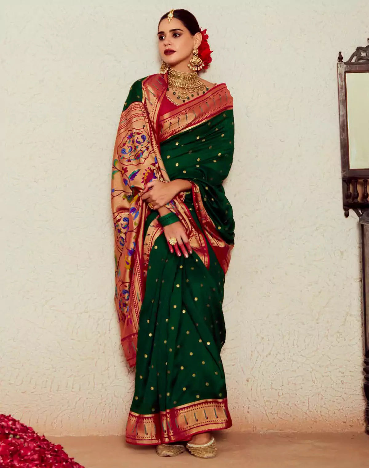Dark Green Brasso Silk Paithani Saree With Embroidered Blouse