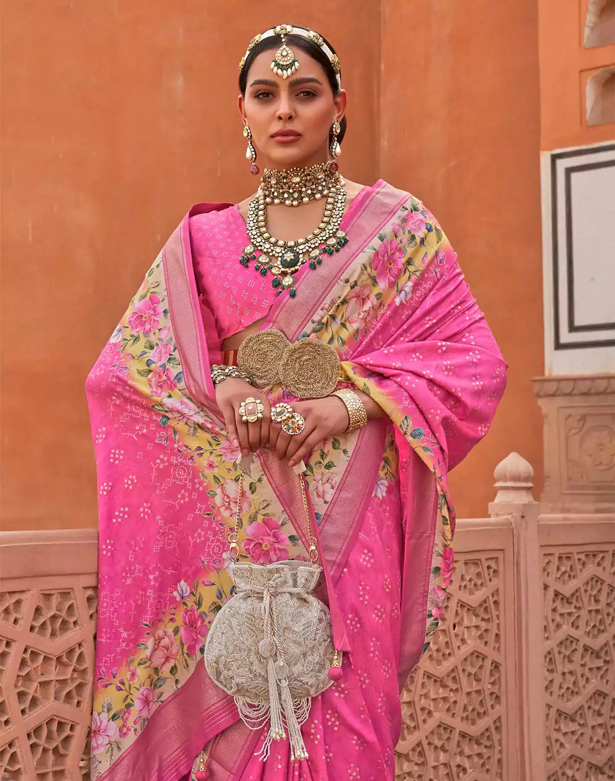 Attractive Pink Printed Soft Silk Saree