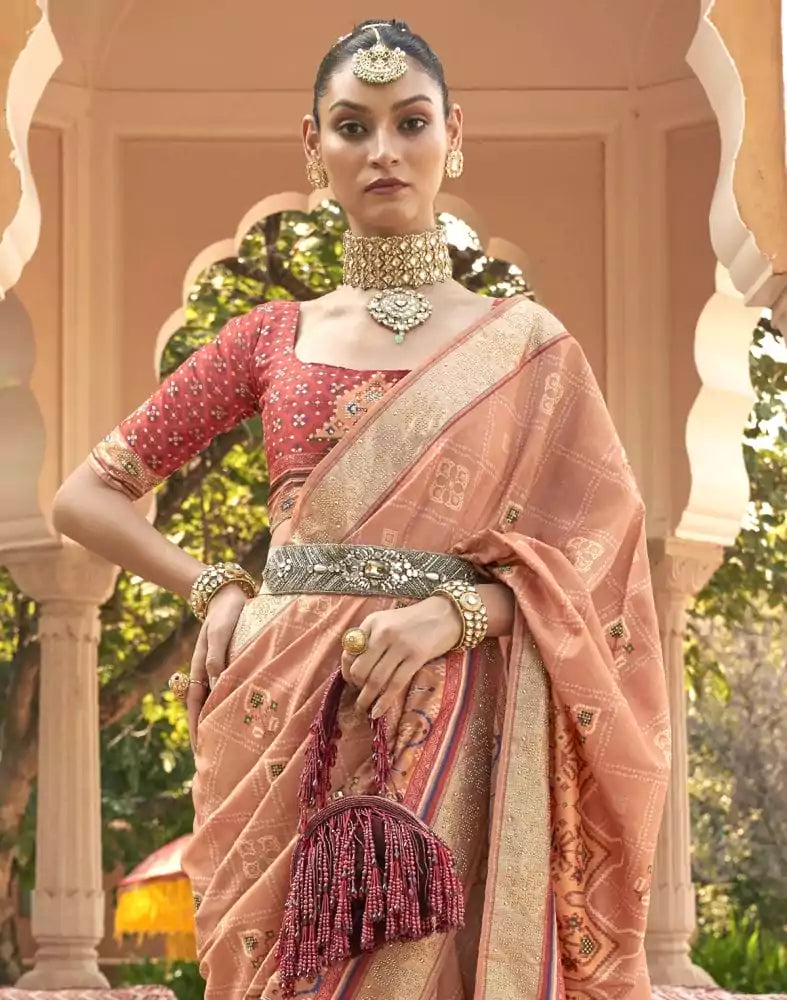 Exclusive Orange Geometric Print Patola Fabric Saree