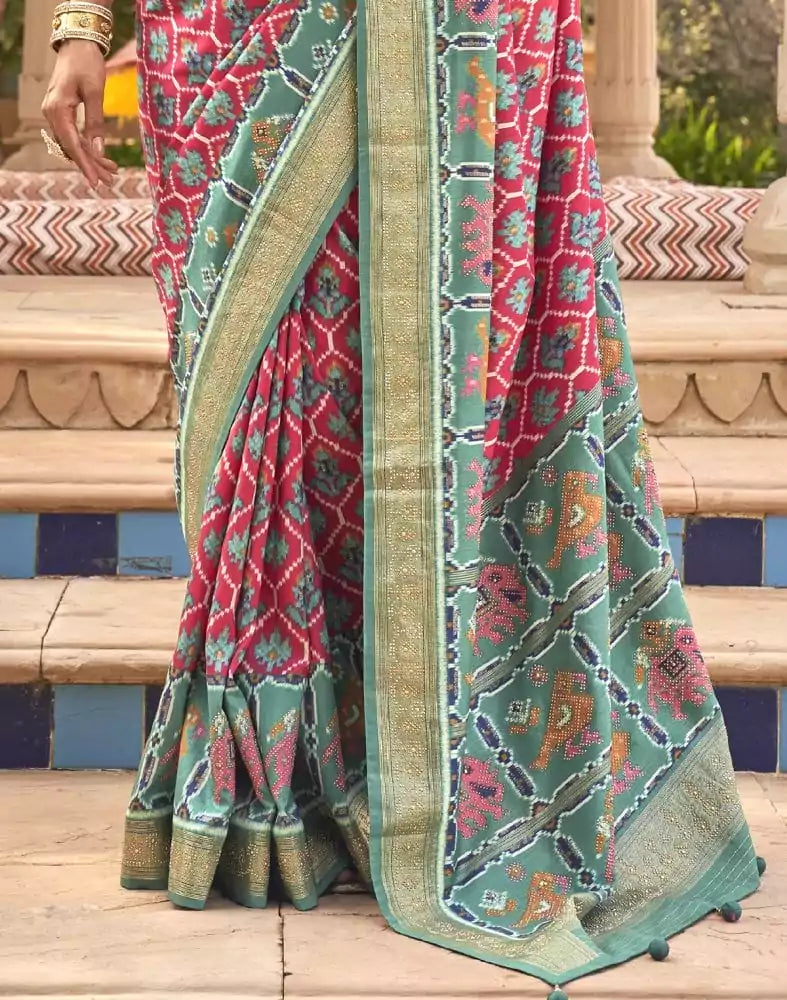 Red and Blue Ikat Print Patola Saree