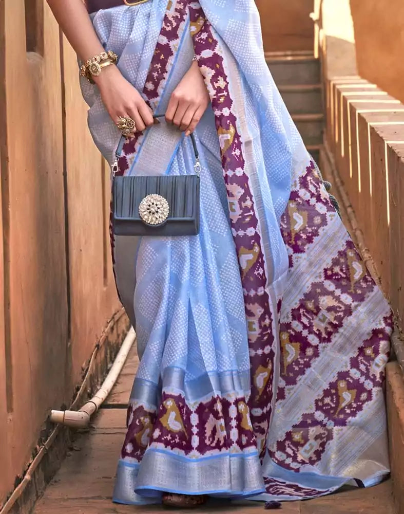 Light Blue Geometric Soft Cotton Silk Printed Saree