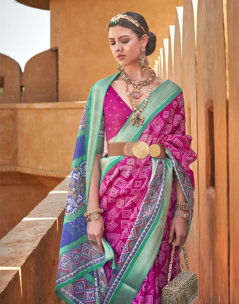 Geometric Print Pink Coloured Cotton Silk Saree