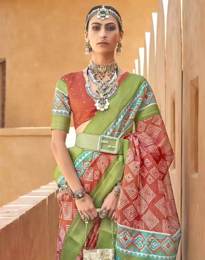 Orange Geometric Print Soft Cotton Silk Saree