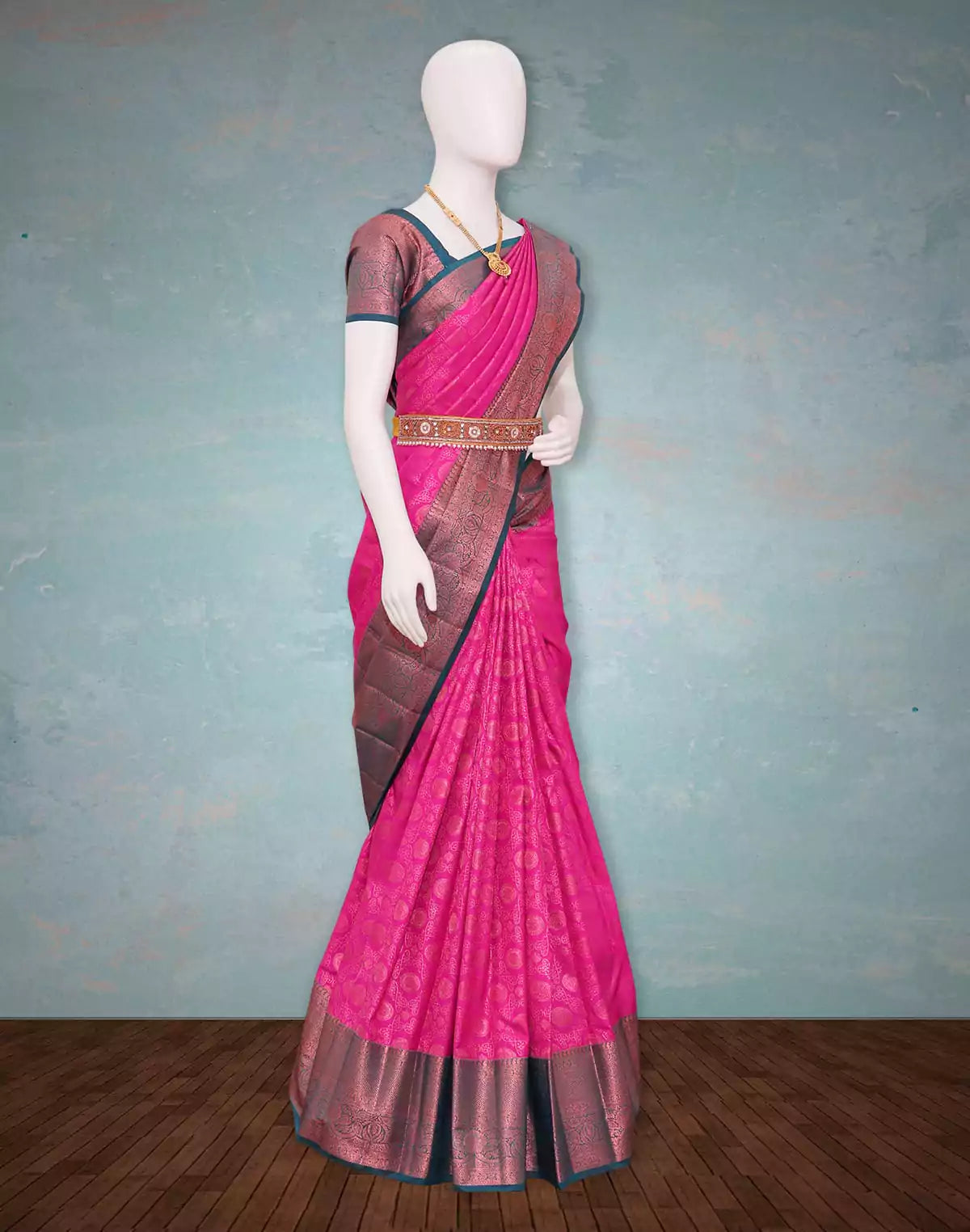 Pink Floral design with Copper Zari Border Saree