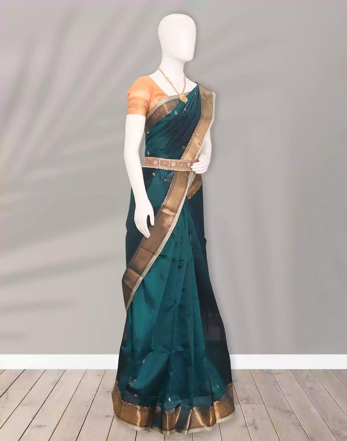 Uppada Sico Butta Peacock Blue and Cream Cotton Silk Saree