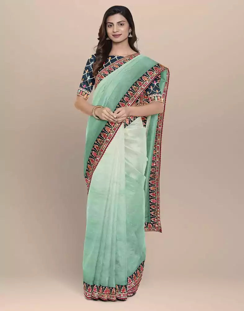 Rama Green Coloured Plain Organza Saree